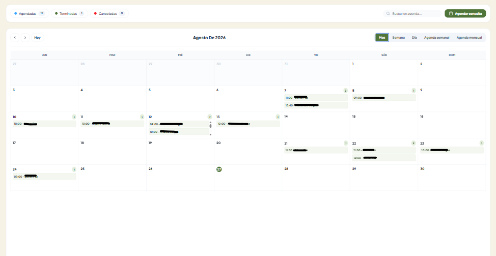 Agenda mensual de la consulta con las citas del mes, sincronizadas desde Google Calendar