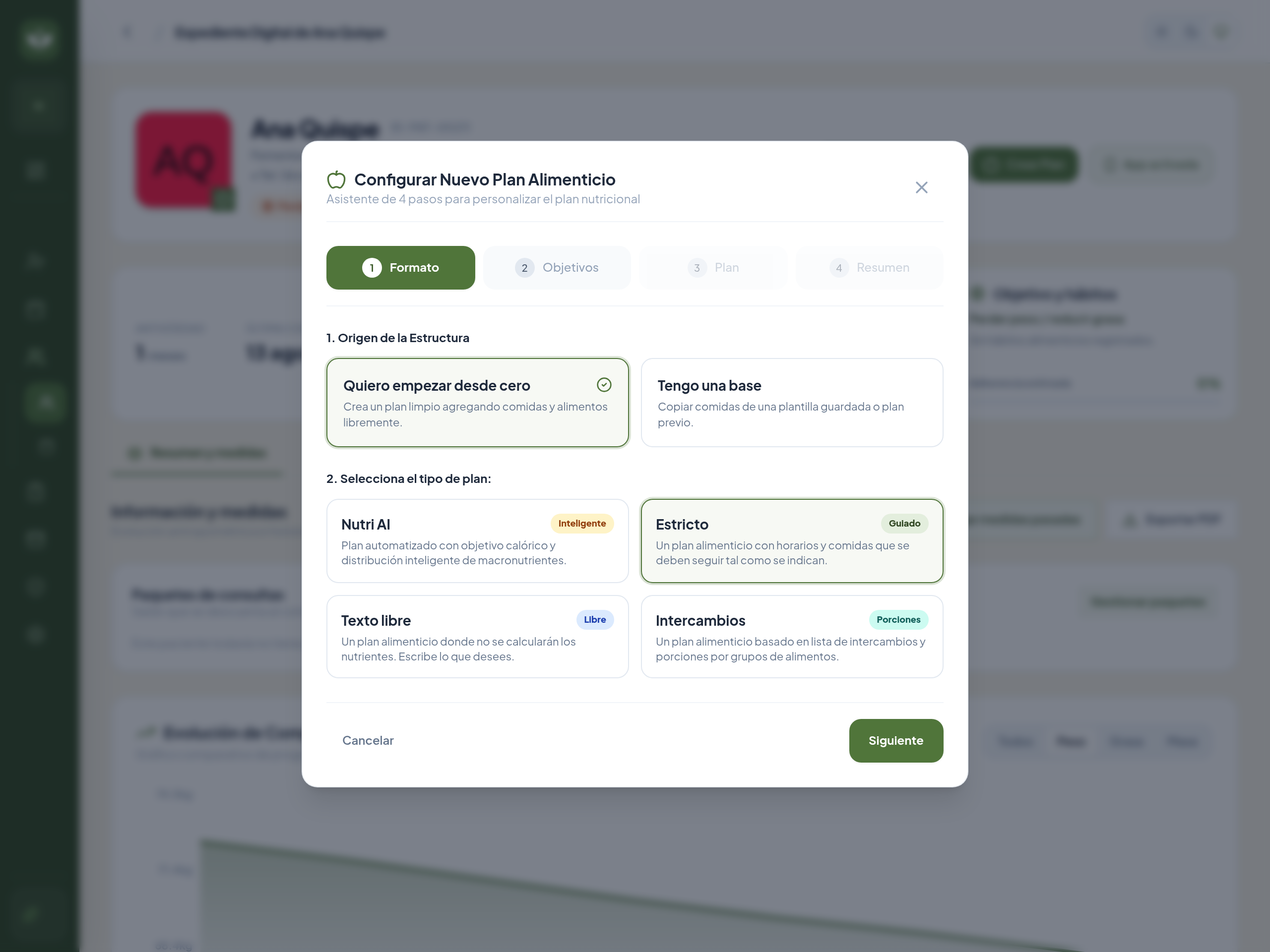 Asistente de creación de una plantilla de plan, con los formatos disponibles: Nutri AI, estricto, texto libre e intercambios
